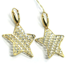 Load image into Gallery viewer, 18K YELLOW WHITE GOLD PENDANT EARRINGS ONDULATE WORKED BIG STAR, SHINY, STRIPED.
