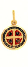 Load image into Gallery viewer, solid 18k yellow round gold medal, diameter 13mm, Saint Benedict, enamel pendant, very detailed.
