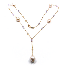 Cargar imagen en el visor de la galería, 18k rose gold lariat necklace, faceted 3mm amethyst, purple pearls and zirconia.
