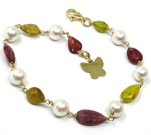 Cargar imagen en el visor de la galería, 18k yellow gold bracelet, oval green purple tourmaline, flat butterfly pendant.