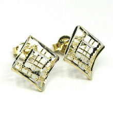 Load image into Gallery viewer, SOLID 18K YELLOW WHITE GOLD EARRINGS, WAVY, 13x12 mm, WORKED RHOMBUS, STRIPED.
