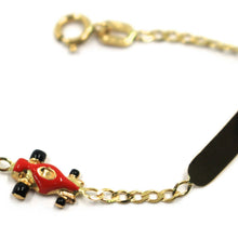 Load image into Gallery viewer, 18k yellow gold kid child bracelet enamel racing car gourmette engraving plate.