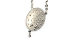 Load image into Gallery viewer, 18k white gold rosary necklace miraculous medal Jesus cross, diamond cut spheres.
