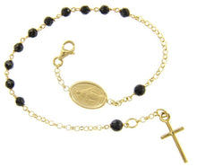 Load image into Gallery viewer, 18k yellow gold rosary bracelet, 3-4mm onyx spheres, Cross & miraculous medal.