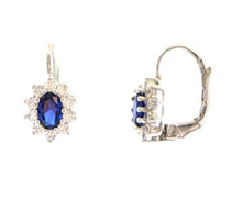 Cargar imagen en el visor de la galería, 18k white gold flower leverback earrings oval blue crystal cubic zirconia frame.