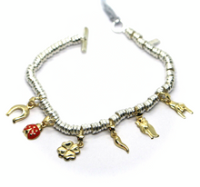 Load image into Gallery viewer, 925 STERLING SILVER BRACELET, 9K YELLOW GOLD HORSESHOE, HAND, OWL, HORN, LADYBUG.