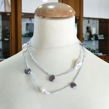 Cargar imagen en el visor de la galería, 18k white gold long 35" 90cm necklace aquamarine big drop white & gray pearls.