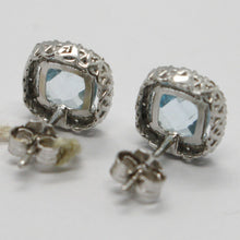 Cargar imagen en el visor de la galería, 18k white gold earrings cushion square blue topaz, zirconia frame.