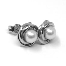 Charger l'image dans la galerie, 18k white gold pearl button earrings, 11 mm, 0.43 inches, flower braided spiral.