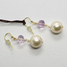 Load image into Gallery viewer, SOLID 18K YELLOW GOLD EARRINGS WITH BIG WHITE PEARLS AND AMETHYST MADE IN ITALY.