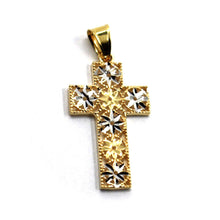 Load image into Gallery viewer, 18K YELLOW WHITE GOLD SQUARED FINELY WORKED CROSS WITH FLOWERS, 25mm 1.0".