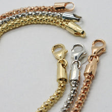 Load image into Gallery viewer, 3 18K ROSE WHITE TELLOW GOLD BRACELETS BASKET ROUND POPCORN TUBE 2.2 MM, TRIPLE.