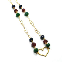 Load image into Gallery viewer, 18k yellow gold heart necklace, faceted green emerald, red ruby, blue sapphire.
