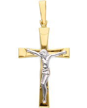 Load image into Gallery viewer, 18K YELLOW WHITE GOLD SQUARED SMOOTH CROSS PENDANT, WITH JESUS CHRIST, BIG 40mm.