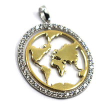 Load image into Gallery viewer, 18K YELLOW WHITE GOLD 25mm 1" GLOBE EARTH WORLD MAP ZIRCONIA PENDANT, ITALY MADE.