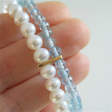 Cargar imagen en el visor de la galería, 18k yellow gold bracelet with 2 strands pearls and aquamarine 7 in made in Italy.