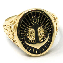 Load image into Gallery viewer, 18k yellow gold band man ring, nautical anchor, finely worked, black enamel.