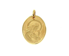 Load image into Gallery viewer, 18K YELLOW GOLD PENDANT OVAL MEDAL VIRGIN MARY AND JESUS 18mm ENGRAVABLE.
