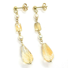 Cargar imagen en el visor de la galería, 18k yellow gold pendant earrings, pearl and citrine drop, 1.93 inches.
