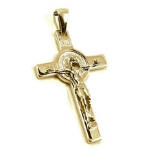 Load image into Gallery viewer, solid 18k yellow gold Cross, Jesus & st Saint Benedict medal, 28mm very detailed.