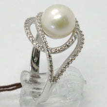 Cargar imagen en el visor de la galería, 18k white gold band pearl zirconia ring ondulate, wave, double.