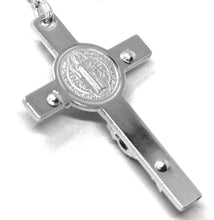 Load image into Gallery viewer, 18k white gold 27.5" big rosary 6mm, miraculous medal saint Benedict Jesus cross.