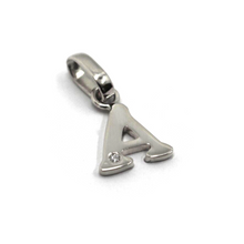 Charger l'image dans la galerie, 18k white gold pendant charm small initial letter A, 10mm, 0.4", with diamond.