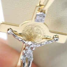 Load image into Gallery viewer, 18k yellow white gold Cross, Jesus & Saint Benedict medal big 2.1 inches.
