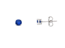 Cargar imagen en el visor de la galería, 18k white gold stud four prong earrings round recrystallized blue 4mm sapphire.