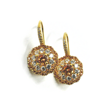 Load image into Gallery viewer, 18K YELLOW GOLD 23mm PENDANT ORANGE FLOWER EARRINGS CUBIC ZIRCONIA VINTAGE STYLE.