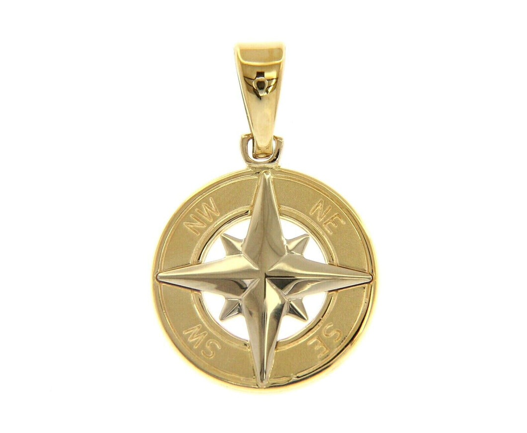 18k yellow white gold compass wind rose round pendant, diameter 20mm 0.8