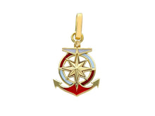 Load image into Gallery viewer, 18k yellow gold nautical anchor pendant 1.5cm 0.6" enamel compass wind rose.
