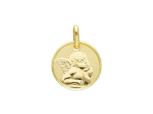 Load image into Gallery viewer, 18K YELLOW GOLD PENDANT ROUND MEDAL GUARDIAN ANGEL 15mm ENGRAVABLE.