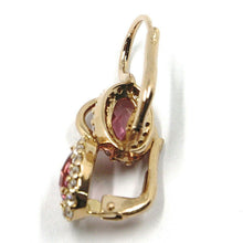 Cargar imagen en el visor de la galería, 18k rose gold leverback flower earrings, oval pink crystal, cubic zirconia frame.