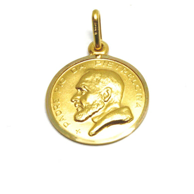 18k yellow gold medal pendant, Saint Pio of Pietrelcina 13mm very detailed.