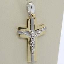 Load image into Gallery viewer, SOLID 18K WHITE YELLOW GOLD PENDANT ALTERNATE CROSS, JESUS, SATIN, MADE IN ITALY.
