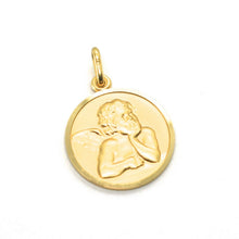 Load image into Gallery viewer, solid 18k yellow gold Guardian Angel small 13mm medal, pendant, very detailed.