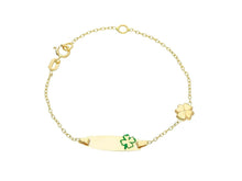 Charger l'image dans la galerie, 18k yellow gold kid child bracelet enamel four leaf rolo chain engraving plate.