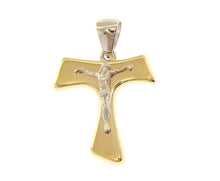 Load image into Gallery viewer, 18k yellow white gold 22mm cross Franciscan tau tao Jesus Saint Francis pendant.