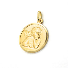 Load image into Gallery viewer, solid 18k yellow gold Guardian Angel small 13mm medal, pendant, very detailed.