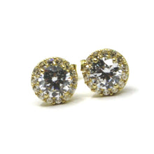 Cargar imagen en el visor de la galería, 18K YELLOW GOLD BUTTON EARRINGS CUBIC ZIRCONIA ROUND WITH FRAME FLOWER SUN 7 MM.