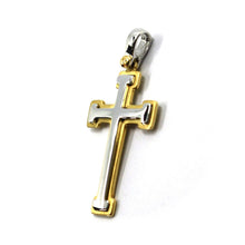Load image into Gallery viewer, SOLID 18K YELLOW WHITE GOLD FLAT DOUBLE CROSS PENDANT 29mm 1.14", ITALY MADE.