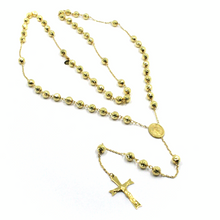 Load image into Gallery viewer, 18k yellow gold rosary necklace miraculous medal Jesus Cross diamond cut spheres.