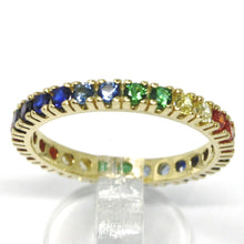 Load image into Gallery viewer, SOLID 18K YELLOW GOLD ETERNITY BAND RING, MULTI COLOR, RAINBOW CUBIC ZIRCONIA.