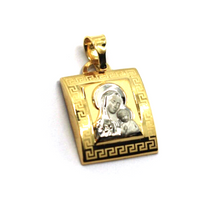 Load image into Gallery viewer, 18k yellow white gold square 15mm medal pendant with frame, Virgin Mary Jesus.