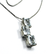 Load image into Gallery viewer, 18k white gold emerald aquamarine 3 ct trilogy pendant & venetian chain necklace.