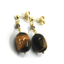 Load image into Gallery viewer, 18k yellow gold 30mm pendant earrings, oval cylinder tiger eye, smoky quartz.