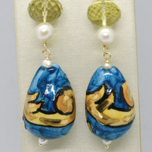 Cargar imagen en el visor de la galería, 18k yellow gold earrings lemon quartz, blue ceramic drop hand painted in Italy.