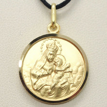 Load image into Gallery viewer, 18k yellow gold Scapular Our Lady of Mount Carmel Sacred Heart medal big 19mm Virgin Mary of Carmen pendant.