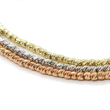 Load image into Gallery viewer, 3 18K ROSE WHITE YELLOW GOLD BRACELETS, DIAMOND CUT BALLS 1.5 MM, TRIPLE WORKED.